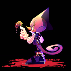 Size: 1479x1482 | Tagged: semi-grimdark, artist:sseas0ning, espio the chameleon, the murder of sonic the hedgehog, black background, blood, blood splatter, blood stain, dripping blood, flower, kunai knife, lidded eyes, looking at viewer, looking back, looking back at viewer, rose, signature, simple background, smile, standing