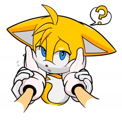 Size: 1668x1668 | Tagged: safe, artist:fixstern star, miles "tails" prower, sonic the hedgehog, 2021, character pov, disembodied arm, duo, gay, hands on another's face, lidded eyes, mouth open, question mark, shipping, simple background, solo focus, sonic x tails, white background