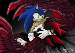 Size: 2048x1448 | Tagged: safe, artist:becci_d_artist, shadow the hedgehog, sonic the hedgehog, sonic x shadow generations, 2024, doom shadow, duo, eyes closed, gay, gradient background, holding them, mouth open, shadow x sonic, shipping, signature, wings