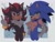 Size: 2048x1549 | Tagged: dead source, safe, artist:pineiiomi, shadow the hedgehog, sonic the hedgehog, duo, frown, hand on hip, looking at viewer, looking offscreen, middle finger, question mark, signature, sparkles, standing, top surgery scars, trans male, transgender