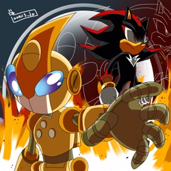 Size: 2048x2048 | Tagged: safe, artist:sonic3_da, emerl, shadow the hedgehog, sonic x shadow generations, 2024, abstract background, duo, frown, looking offscreen, robot, standing