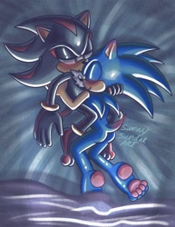 Size: 1583x2048 | Tagged: safe, artist:sunnysundaeart, shadow the hedgehog, sonic the hedgehog, 2024, 4 toes, barefoot, bed, blushing, blushing ears, duo, foot fetish, four toes, gay, gloves off, holding each other, lying down, pawpads, paws, shadow x sonic, shipping, signature, snuggling