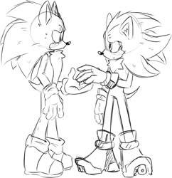 Size: 927x956 | Tagged: safe, artist:fieshbook, shadow the hedgehog, sonic the hedgehog, sonic the hedgehog 3 (film), 2024, blushing, duo, gay, hand out, line art, looking at each other, shadow x sonic, shipping, simple background, sketch, standing, sweatdrop, white background