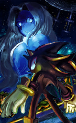 Size: 1892x3072 | Tagged: safe, artist:pankerdotpng, maria robotnik, shadow the hedgehog, human, sonic x shadow generations, abstract background, duo, standing