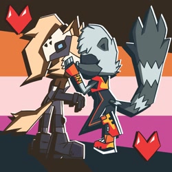 Size: 2048x2048 | Tagged: safe, artist:basictwittle, tangle the lemur, whisper the wolf, 2024, duo, eyes closed, hands on another's face, heart, kiss, lesbian, nonbinary pride, outline, pride, pride flag, pride flag background, shipping, standing, standing on one leg, tangle x whisper