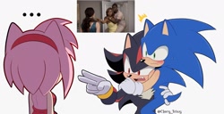 Size: 2048x1045 | Tagged: safe, artist:clery_trixy, amy rose, shadow the hedgehog, sonic the hedgehog, ..., 2024, blushing, carrying them, gay, meme, shadow x sonic, shipping, signature, simple background, standing, trio, white background