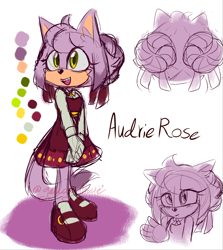 Size: 1320x1480 | Tagged: safe, artist:galacticghoste, oc, oc:audrie rose, cat, 2024, character name, dress, fankid, looking offscreen, magical lesbian spawn, oc only, parent:amy, parent:blaze, parents:blazamy, ribbon, simple background, sketch, smile, solo, standing, white background