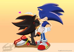 Size: 1500x1057 | Tagged: safe, artist:flauretzartz, shadow the hedgehog, sonic the hedgehog, 2024, duo, eyes closed, gay, gradient background, hand on another's head, heart, kiss on stomach, kneeling, mouth open, shadow x sonic, shipping, signature, smile, standing