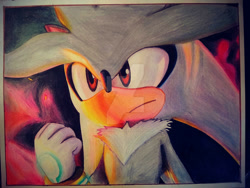 Size: 1280x960 | Tagged: safe, artist:silverbolt95, silver the hedgehog, sonic the hedgehog (2006), 2022, clenched fist, deviantart watermark, frown, looking offscreen, obtrusive watermark, pencilwork, redraw, solo, traditional media, watermark