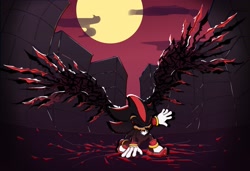 Size: 2048x1398 | Tagged: safe, artist:chillgoemon, shadow the hedgehog, sonic x shadow generations, 2024, abstract background, blood, clouds, doom shadow, eyes closed, hand on ground, moon, nighttime, outdoors, solo, wings