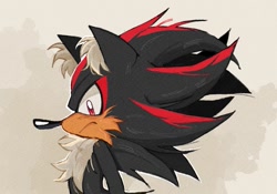 Size: 911x636 | Tagged: safe, artist:cawffeejelly, shadow the hedgehog, 2024, beige background, fluffy, frown, looking at viewer, side view, simple background, solo, standing