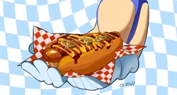 Size: 2048x1097 | Tagged: safe, artist:ziwi436843, sonic the hedgehog, 2024, checkered background, chili dog, food, holding something, signature, solo