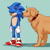 Size: 2048x2048 | Tagged: safe, artist:solar socks, ozzy the dog, sonic the hedgehog, sonic the hedgehog (2020), duo, literal animal, looking at them, looking down, question mark, sad, shadow (lighting), simple background, standing, turquoise background