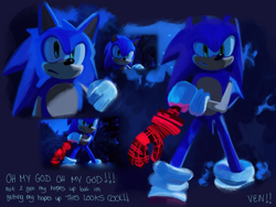 Size: 1600x1200 | Tagged: safe, artist:400terahertz, sonic the hedgehog, sonic frontiers, 2022, cyber corruption, english text, multiple views, redraw, reference inset, solo, standing