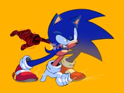 Size: 2048x1536 | Tagged: safe, artist:rocketdo_g, sonic the hedgehog, sonic frontiers, 2024, clenched teeth, cyber corruption, full body, hand on ground, simple background, solo, yellow background