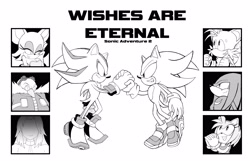 Size: 3923x2520 | Tagged: safe, artist:spiral_senshi, amy rose, knuckles the echidna, maria robotnik, miles "tails" prower, robotnik, rouge the bat, shadow the hedgehog, sonic the hedgehog, super shadow, super sonic, sonic adventure 2, 2024, english text, greyscale, group, holding hands, monochrome, simple background, super form, white background