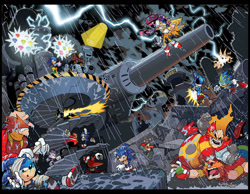 Size: 900x700 | Tagged: safe, artist:ben bates, artist:matt herms, blaze the cat, eggman nega, robotnik, scourge the hedgehog, shard the metal, sonic the hedgehog, super scourge, zonic the zone cop, captain whiskers, chaos emerald, fleetway super sonic, lightning, rain, super form