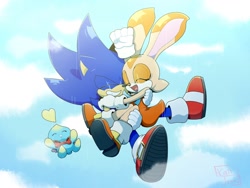 Size: 2000x1500 | Tagged: safe, artist:emistations, cheese (chao), cream the rabbit, sonic the hedgehog, falling