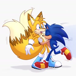 Size: 1620x1620 | Tagged: safe, artist:jeffydust, miles "tails" prower, sonic the hedgehog, 2024, aged up, alternate universe, blushing, boots, cute, duo, eyes closed, gay, hugging, mouth open, older, shipping, simple background, smile, sonic x tails, standing, surprise hug, surprised, white background