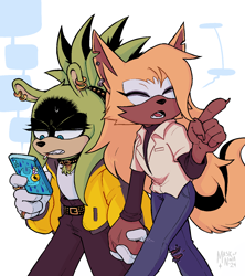 Size: 1244x1400 | Tagged: safe, artist:maskofnova, surge the tenrec, whisper the wolf, 2024, alternate outfit, cigarette, clenched teeth, duo, eyes closed, holding hands, holding something, lesbian, lidded eyes, mouth open, phone, pointing, shipping, simple background, smoking, speech bubble, talking, walking, whisper x surge, white background