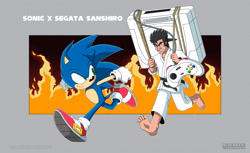 Size: 2560x1564 | Tagged: safe, artist:alexiscreed02, sonic the hedgehog, hedgehog, human, 2024, duo, english text, fire, grey background, running, sega saturn, segata sanshiro, style emulation, uekawa style, video game console