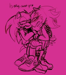 Size: 1620x1847 | Tagged: safe, artist:youhalfwit, shadow the hedgehog, sonic the hedgehog, 2024, duo, english text, jacket, lesbian, monochrome, pink background, r63 shipping, shadow x sonic, shipping, simple background, sketch, smile