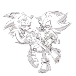 Size: 1280x1280 | Tagged: safe, artist:adiee_f, shadow the hedgehog, sonic the hedgehog, 2023, duo, injured, monochrome, shadow x sonic, shipping, simple background, sitting, sketch, white background