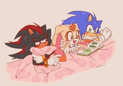 Size: 1600x1117 | Tagged: safe, artist:adiee_f, cream the rabbit, shadow the hedgehog, sonic the hedgehog, 2023, babysitting, book, lying down, lying on front, pillow, simple background, smile, trio