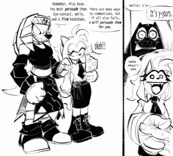 Size: 2000x1805 | Tagged: safe, artist:the-hydroxian-artblog, amy rose, tikal, black and white, comic, dialogue, encouragement, handshake, ice cream, spoopy