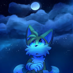 Size: 2048x2048 | Tagged: safe, artist:0vergrowngraveyard, miles "tails" prower, abstract background, close-up, looking up, moon, mouth open, nighttime, outdoors, solo, standing, star (sky)