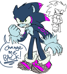 Size: 789x867 | Tagged: safe, artist:twipsai, sonic the hedgehog, 2024, blushing, clenched fist, clenched teeth, dialogue, english text, flat colors, frown, hand on own arm, looking offscreen, simple background, sketch, solo, sonic the werehog, speech bubble, standing, were form, werehog, white background