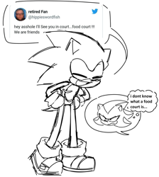 Size: 783x875 | Tagged: safe, artist:twipsai, shadow the hedgehog, sonic the hedgehog, 2024, duo, english text, eyes closed, food court, frown, hands on hips, line art, meme, mouth open, simple background, smile, standing, thought bubble, top surgery scars, trans male, transgender, twitter, white background