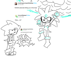 Size: 1037x846 | Tagged: safe, artist:twipsai, silver the hedgehog, sonic the hedgehog, 2024, duo, english text, flying, line art, looking at each other, meteorite, mouth open, one fang, psychokinesis, simple background, sketch, top surgery scars, trans male, transgender, tumblr, white background