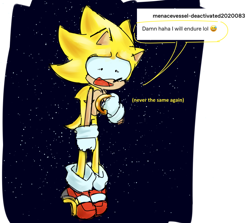 Size: 984x879 | Tagged: safe, artist:twipsai, sonic the hedgehog, super sonic, sonic adventure 2, 2024, abstract background, dialogue, english text, flying, holding something, mouth open, ring, shrunken pupils, soap shoes, solo, speech bubble, star (sky), super form, top surgery scars, trans male, transgender, tumblr