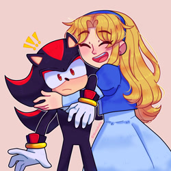 Size: 2048x2048 | Tagged: safe, artist:momokaliq, maria robotnik, shadow the hedgehog, human, 2024, beige background, cute, duo, hugging, simple background, standing, surprise hug, surprised