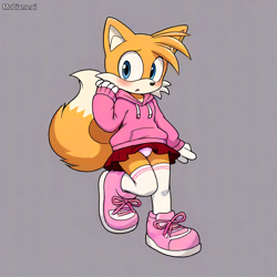 Size: 1024x1024 | Tagged: suggestive, ai art, artist:mobians.ai, miles "tails" prower, :o, alternate outfit, blushing, clothes, cute, femboy, grey background, hoodie, looking at viewer, mouth open, panties, shoelaces, shoes, simple background, skirt, solo, standing on one leg, stockings, tailabetes, upskirt, watermark