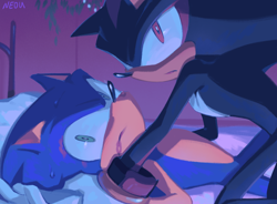 Size: 2048x1504 | Tagged: safe, artist:12neonlit-stage, shadow the hedgehog, sonic the hedgehog, abstract background, bed, caught, duo, frown, gay, implied kissing, indoors, kiss marks, looking offscreen, lying down, shadow x sonic, shipping, sweatdrop