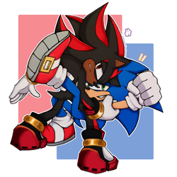 Size: 2048x2048 | Tagged: safe, artist:smoesiepooz, shadow the hedgehog, sonic the hedgehog, clenched fist, clenched teeth, duo, frown, gay, holding them, leg up, lidded eyes, looking at viewer, outline, redraw, shadow x sonic, shipping, smile, standing