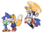 Size: 1069x783 | Tagged: safe, artist:neapoliting, miles "tails" prower, sonic the hedgehog, alternate outfit, carrying them, clothes, duo, flat colors, flying, holding hands, jacket, overalls, shorts, simple background, smile, spinning tails, whispering, white background