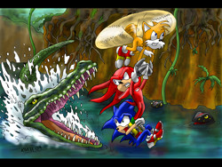 Size: 1024x768 | Tagged: safe, artist:netraptor, knuckles the echidna, miles "tails" prower, sonic the hedgehog, alligator, sonic heroes, 2004, abstract background, border, clenched teeth, flying, group, holding hands, holding them, literal animal, looking ahead, looking back, looking behind, looking offscreen, lost jungle, mouth open, signature, spinning tails, splash, team sonic, vine, water