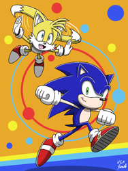 Size: 900x1200 | Tagged: safe, artist:vgafanatic, miles "tails" prower, sonic the hedgehog, 2018, abstract background, clenched fists, duo, flying, looking at viewer, looking offscreen, mouth open, running, signature, smile, spinning tails