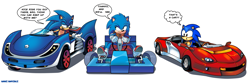 Size: 3709x1226 | Tagged: safe, artist:waniramirez, sonic the hedgehog, car, classic sonic, english text, racing, self paradox, sonic boom (tv), speech bubble, thought bubble, trio