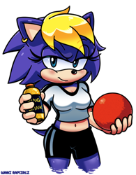 Size: 868x1110 | Tagged: safe, artist:waniramirez, bernadette hedgehog, ball, bottle, energy drink, solo, workout outfit