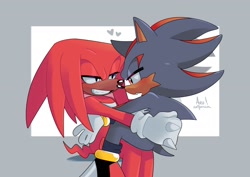 Size: 2048x1448 | Tagged: safe, artist:aruartpaca, knuckles the echidna, shadow the hedgehog, 2024, blushing, carrying them, clenched teeth, duo, gay, heart, knuxadow, lidded eyes, looking at each other, mouth open, shipping, sitting, smile