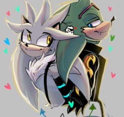 Size: 478x454 | Tagged: safe, artist:kojiro jhyle, scourge the hedgehog, silver the hedgehog, 2024, back to back, blushing, duo, gay, grey background, heart, lidded eyes, looking at each other, shippinf, silvourge, simple background, smile