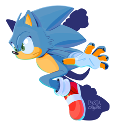 Size: 2048x2048 | Tagged: safe, artist:pastacrylic, sonic the hedgehog, claws, clenched fist, fingerless gloves, frown, looking ahead, looking offscreen, running, signature, simple background, solo, white background