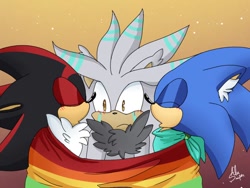 Size: 1024x768 | Tagged: safe, artist:alusniper, shadow the hedgehog, silver the hedgehog, sonic the hedgehog, 2020, bandana, blushing, chest fluff, crying, ear fluff, eyes closed, frown, gay, gay pride, gradient background, kiss on cheek, polyamory, pride, pride flag, shadow x silver, shadow x sonic, shipping, signature, sonadilver, sonilver, standing, tears, tears of embarrassment, trio