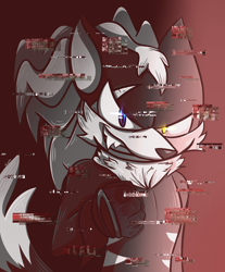 Size: 1392x1680 | Tagged: safe, artist:theepicblueknight, infinite the jackal, 2017, clenched teeth, glitch, glowing eyes, gradient background, heterochromia, looking at viewer, smile, solo, standing