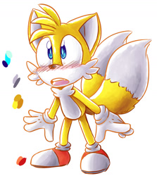 Size: 1280x1432 | Tagged: safe, artist:alomaire, miles "tails" prower, blushing, looking offscreen, mouth open, simple background, solo, standing, white background