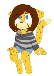 Size: 1280x1788 | Tagged: safe, artist:alomaire, oc, oc:alomair, cheetah, barefoot, claws, clothes, eye clipping through hair, floppy ears, looking up, oc only, paws, simple background, sitting, smile, solo, white background